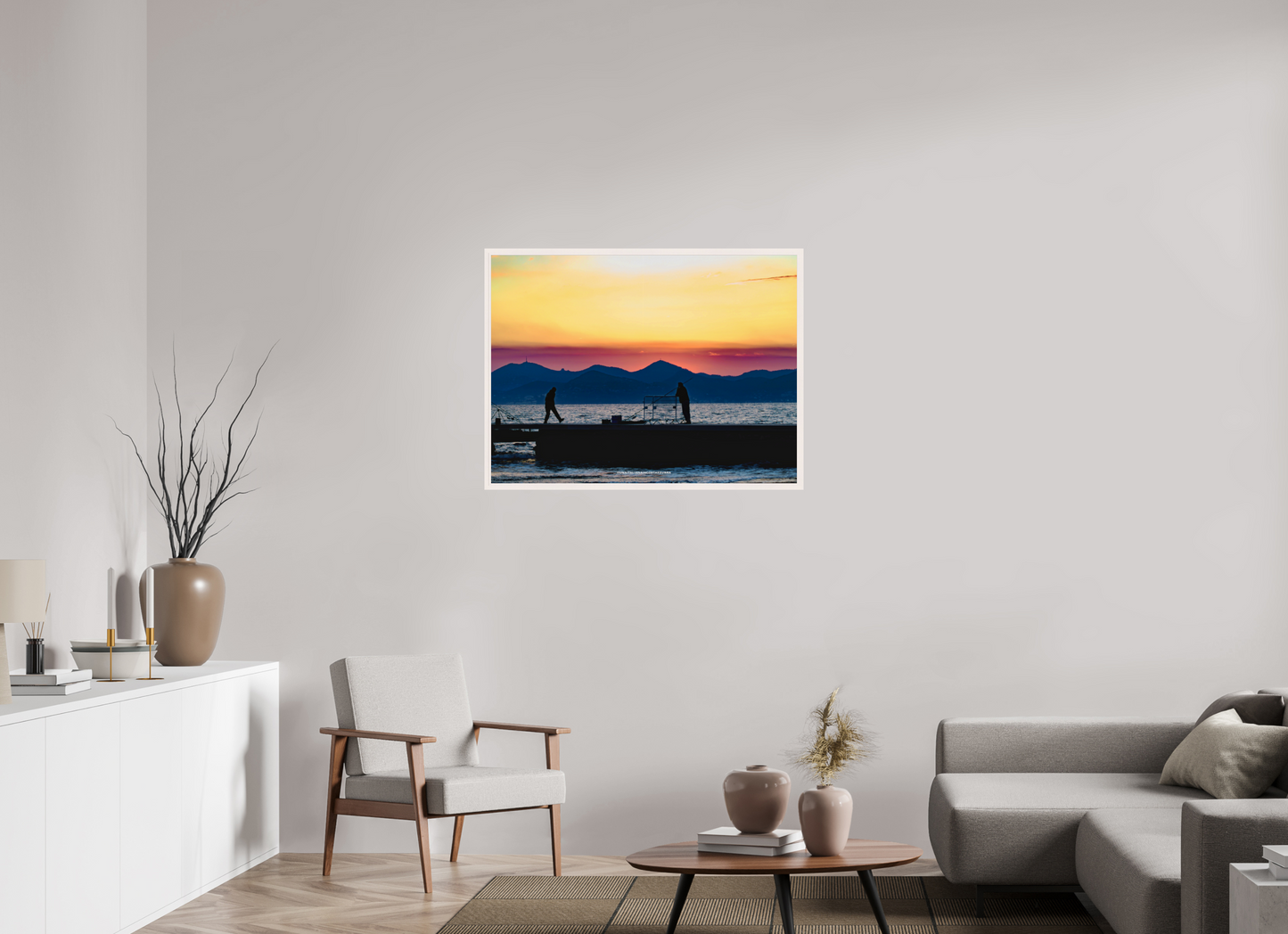 100 x 75 cm, Cadre galerie grand format Pêcheurs au coucher du soleil